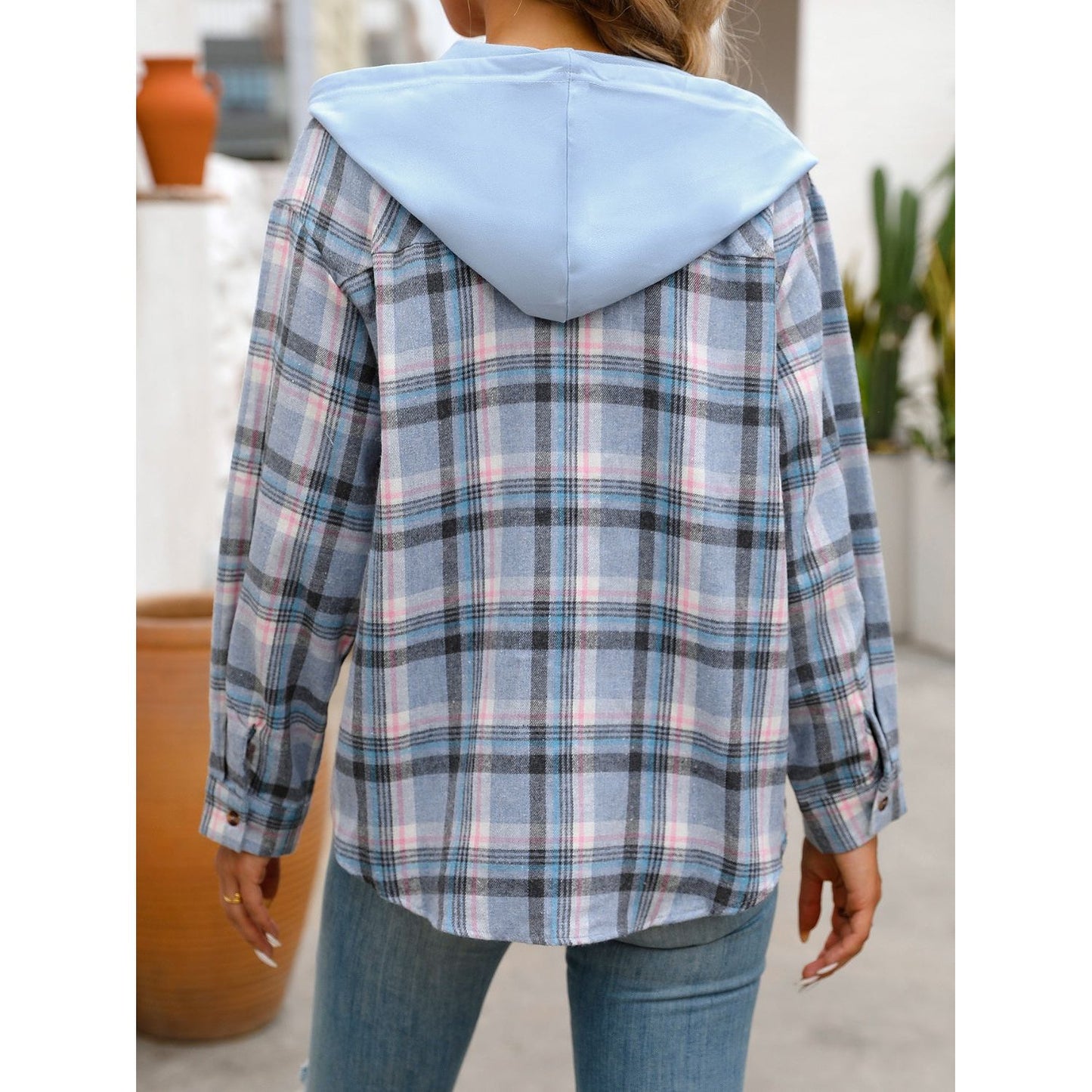 Plaid Long Sleeve Hooded Jacket