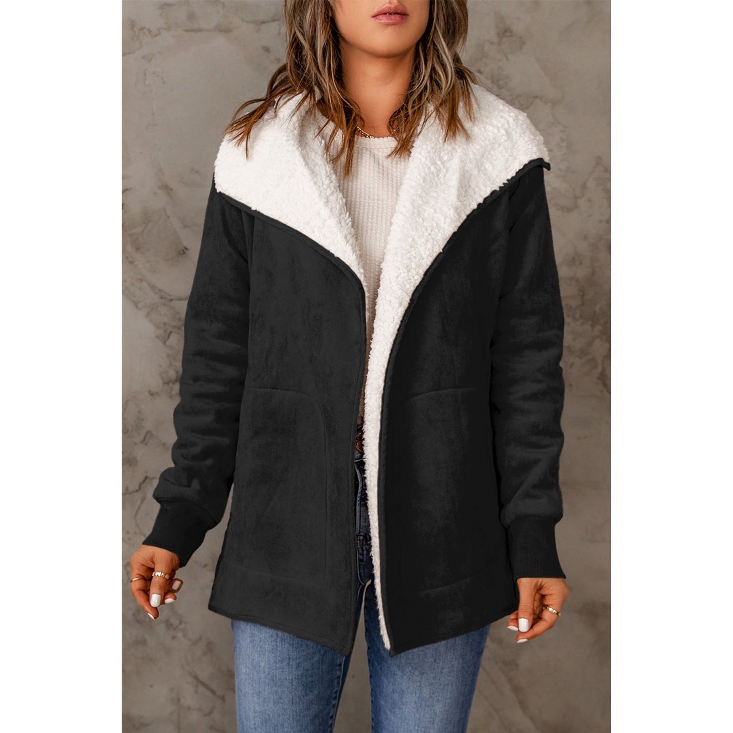Open Front Long Sleeve Sherpa Jacket