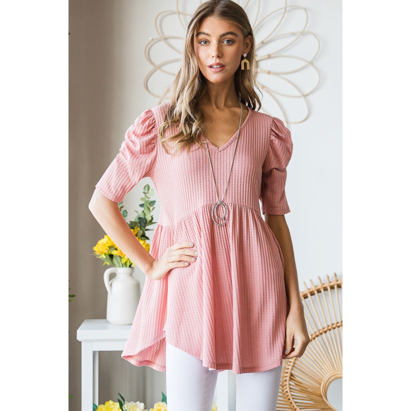 Heimish Full Size Waffle Knit V-Neck Babydoll Top
