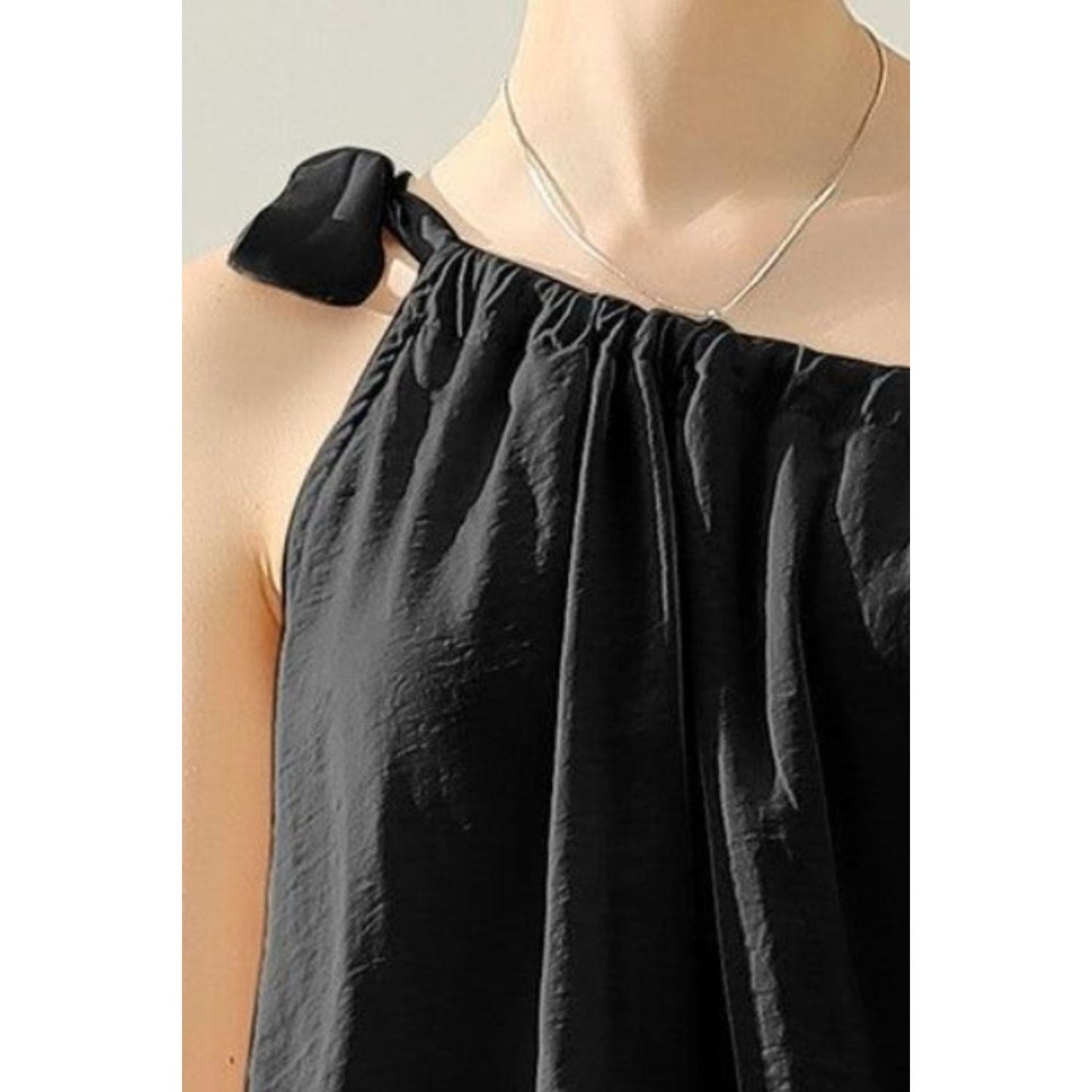 Ninexis One Shoulder Bow Tie Strap Satin Silk Top