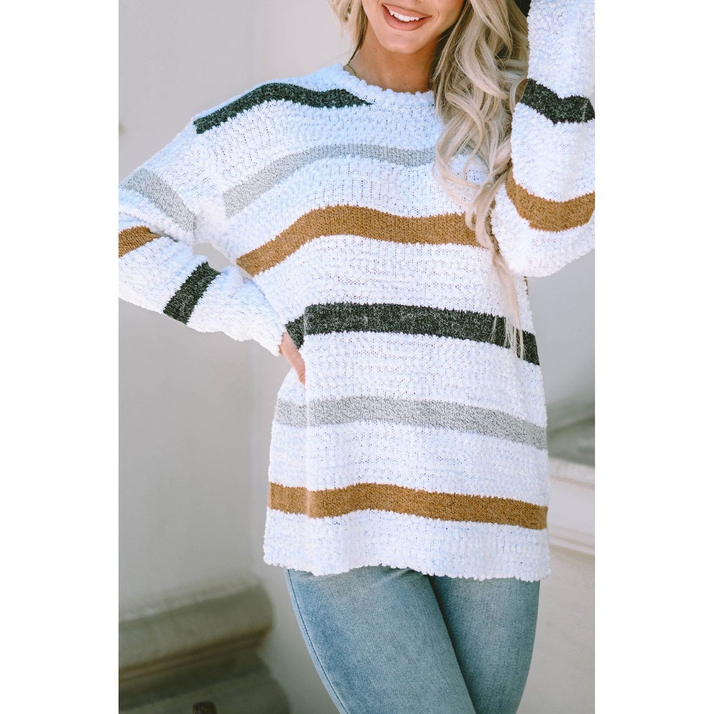 Striped Round Neck Dropped Shoulder Sweater