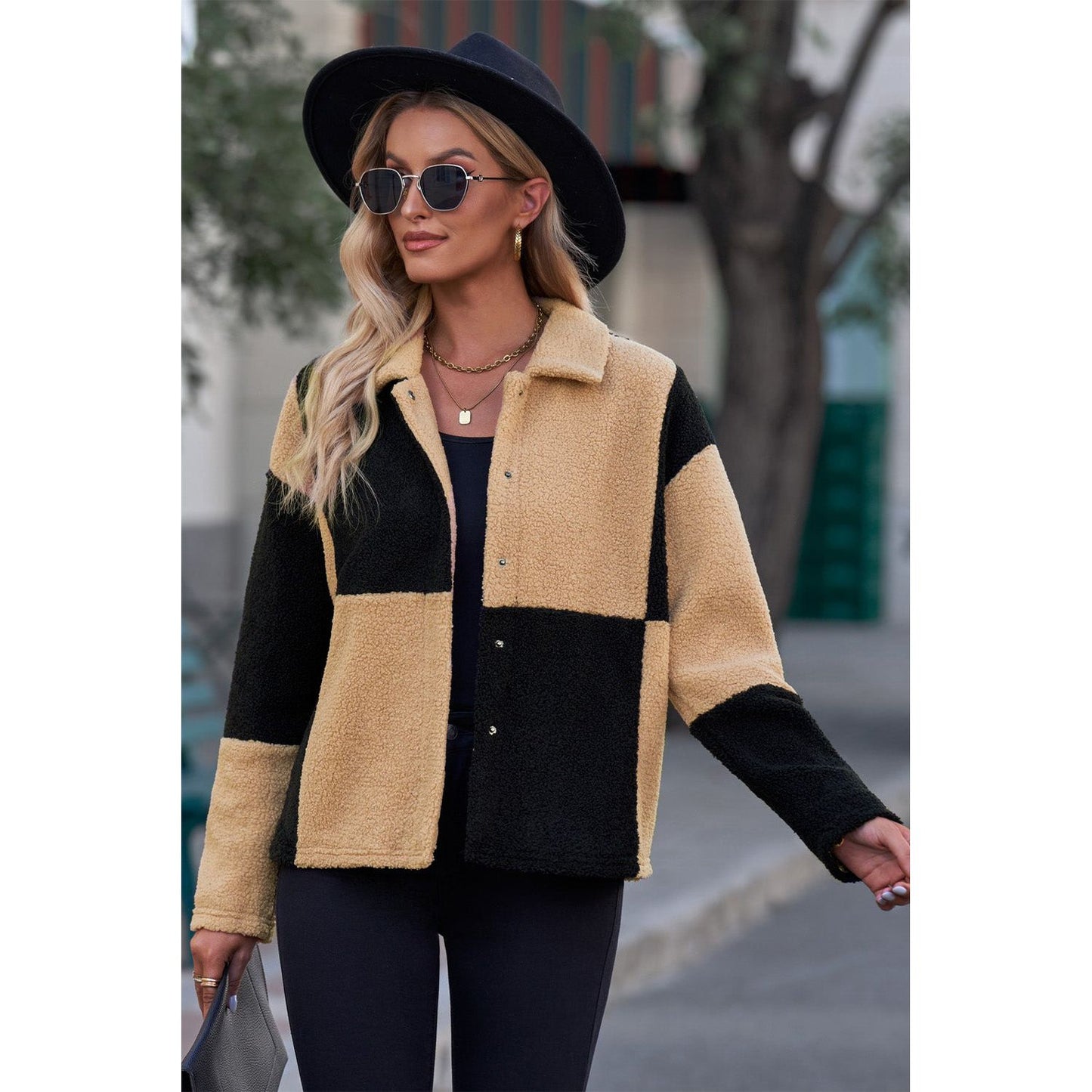 Color Block Snap Down Collared Neck Jacket