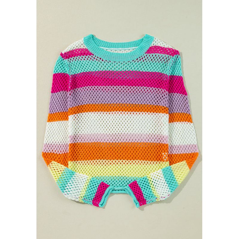 Openwork Contrast Striped Round Neck Knit Top