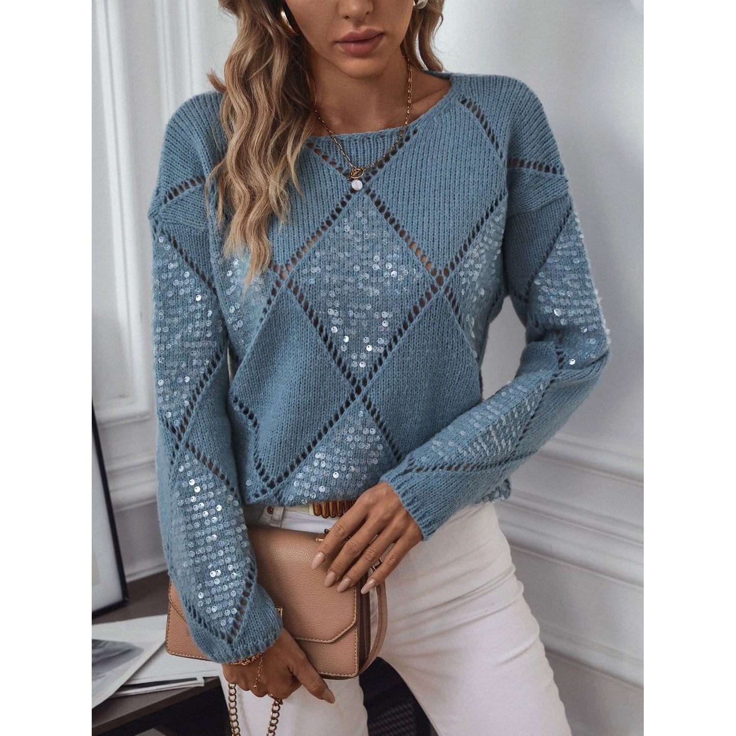 Openwork Round Neck Long Sleeve Knit Top