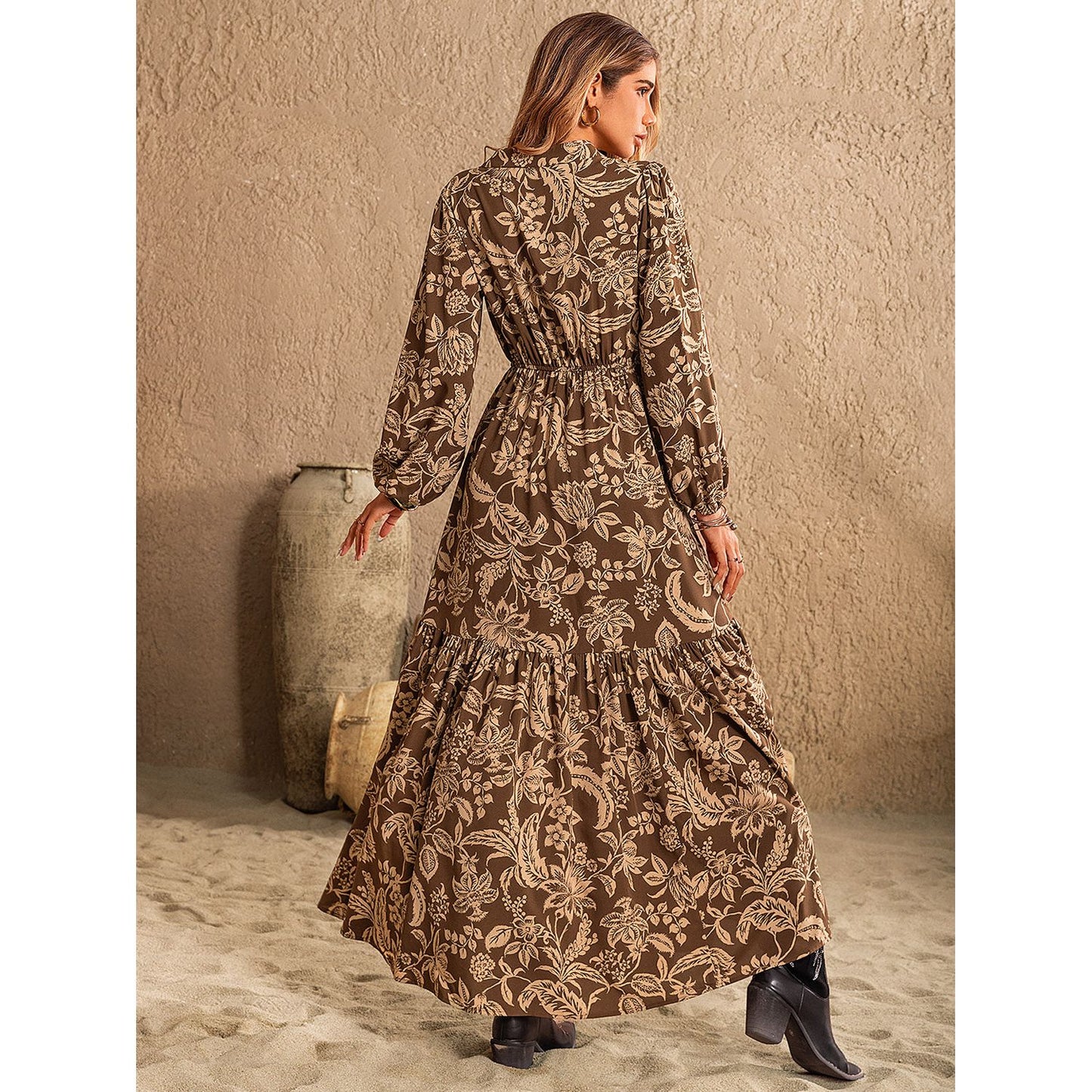 Ruched Printed Notched Long Sleeve Maxi Dress