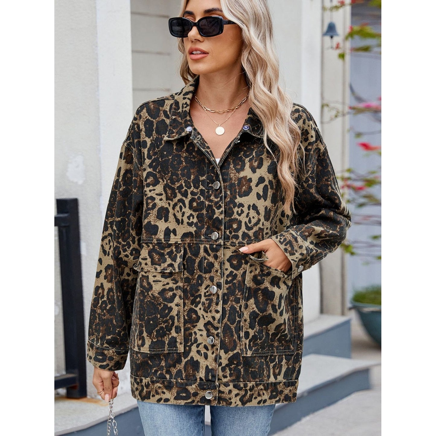 Leopard Button Up Drop Shoulder Denim Jacket