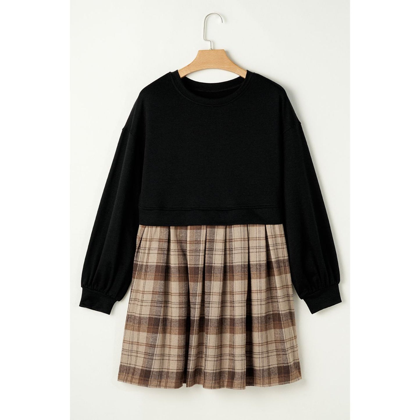 Plaid Round Neck Long Sleeve Mini Dress