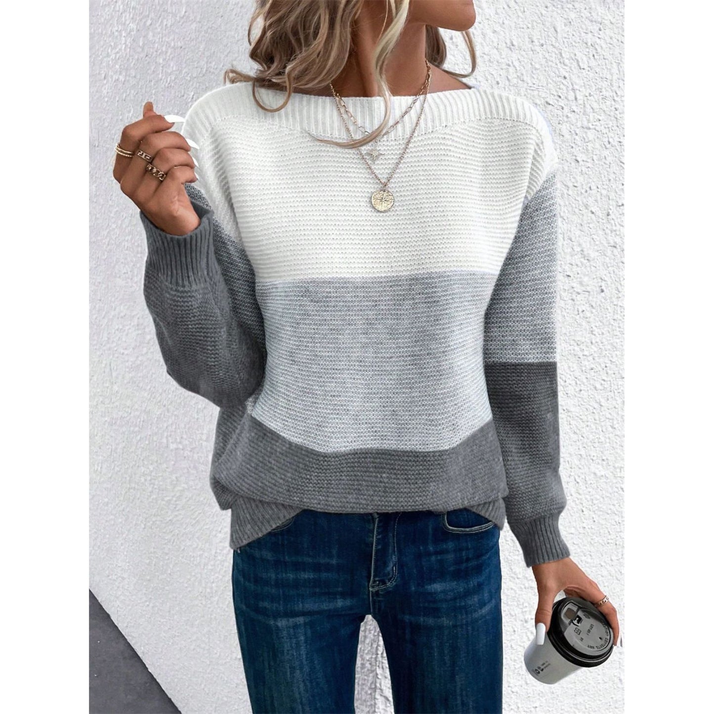 Color Block Drop Shoulder Long Sleeve Sweater
