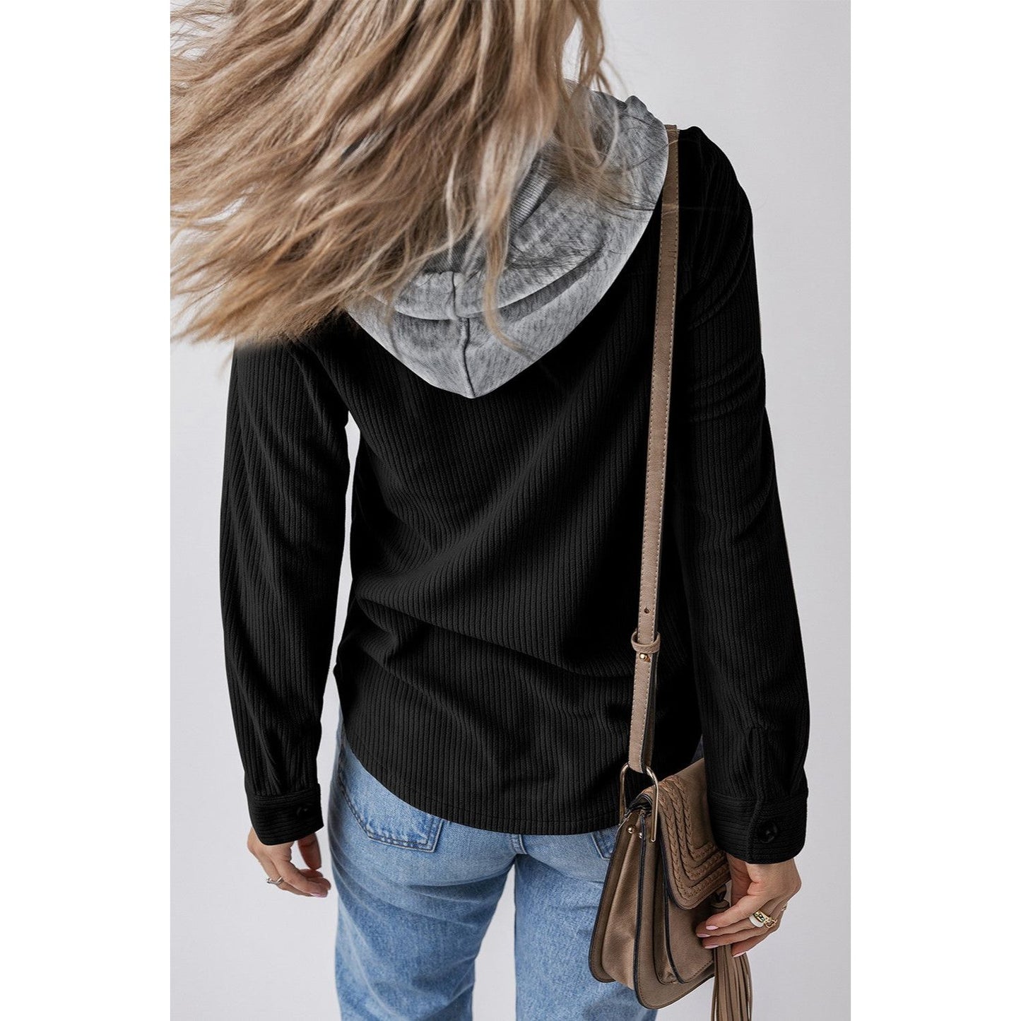 Drawstring Button Up Long Sleeve Hooded Jacket