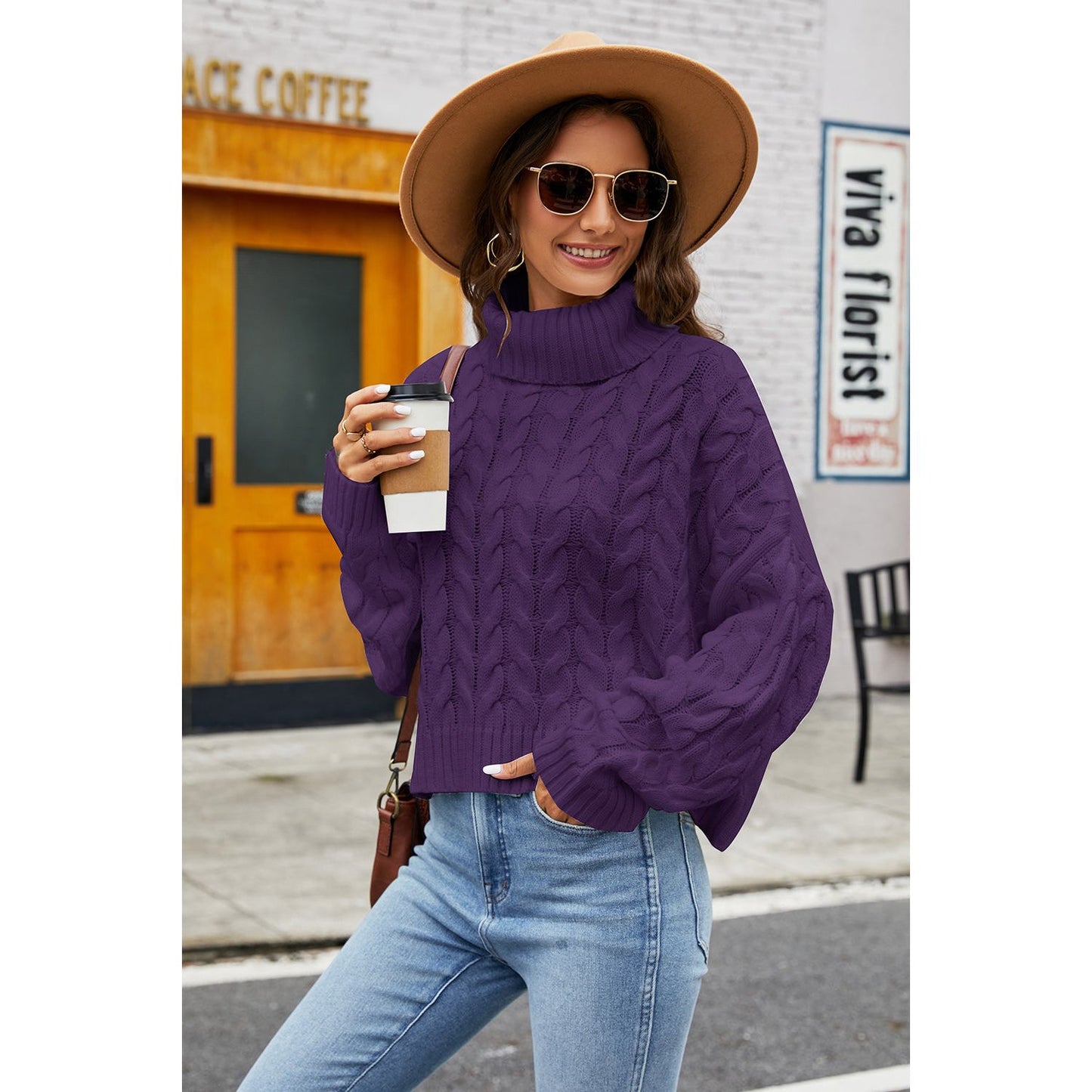 Turtleneck Cable-Knit Long Sleeve Sweater