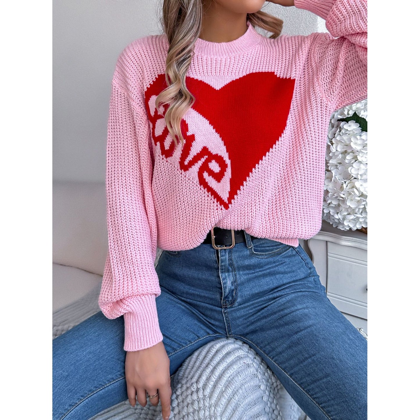 LOVE Heart Round Neck Dropped Shoulder Sweater