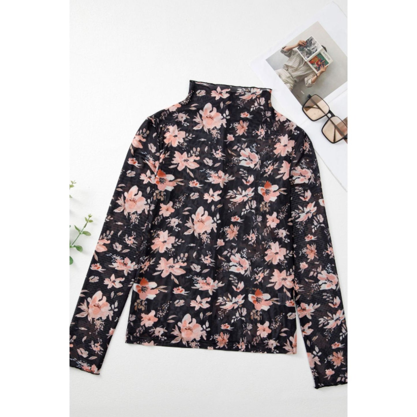 Floral Mock Neck Long Sleeve Blouse