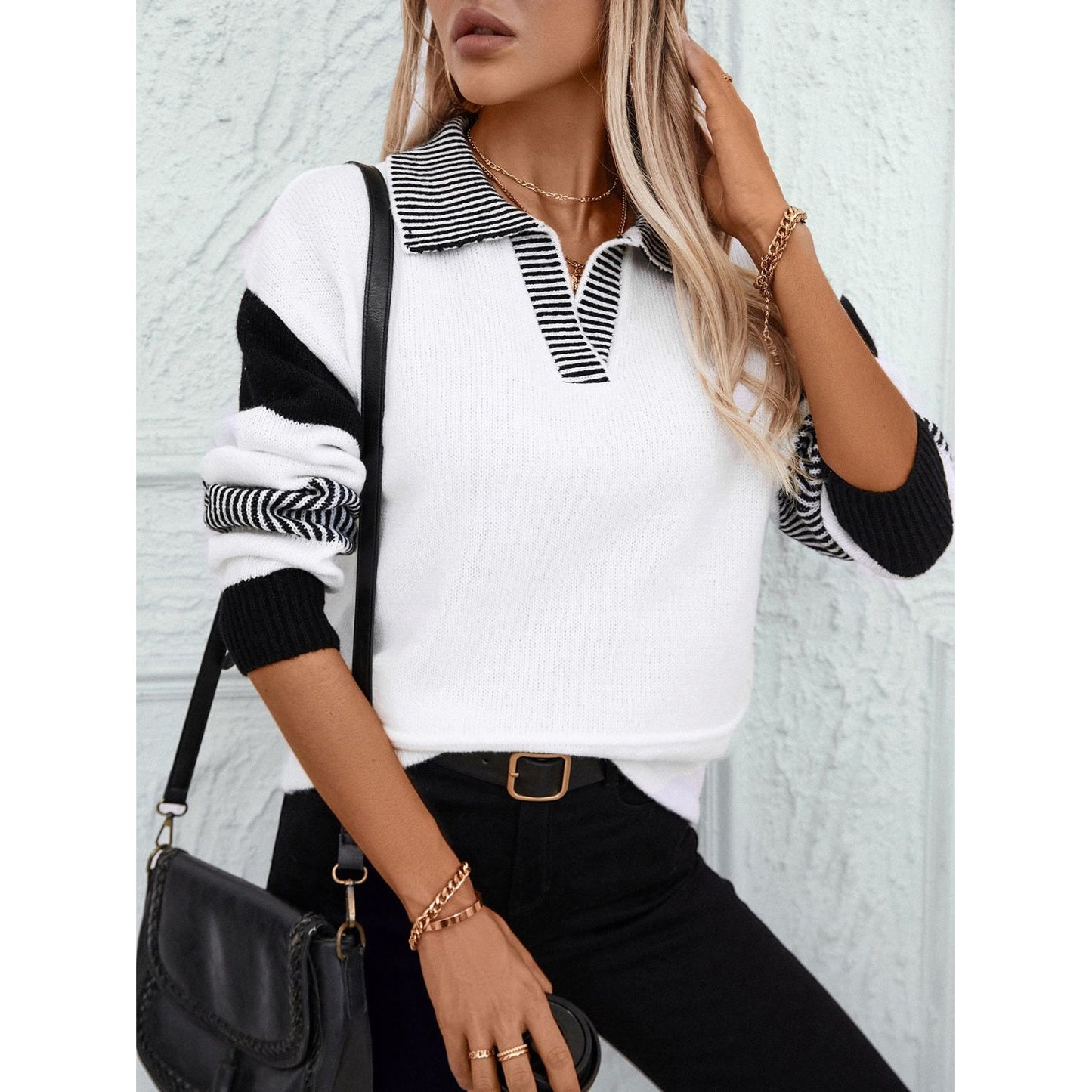Striped Johnny Collar Drop Shoulder Sweater