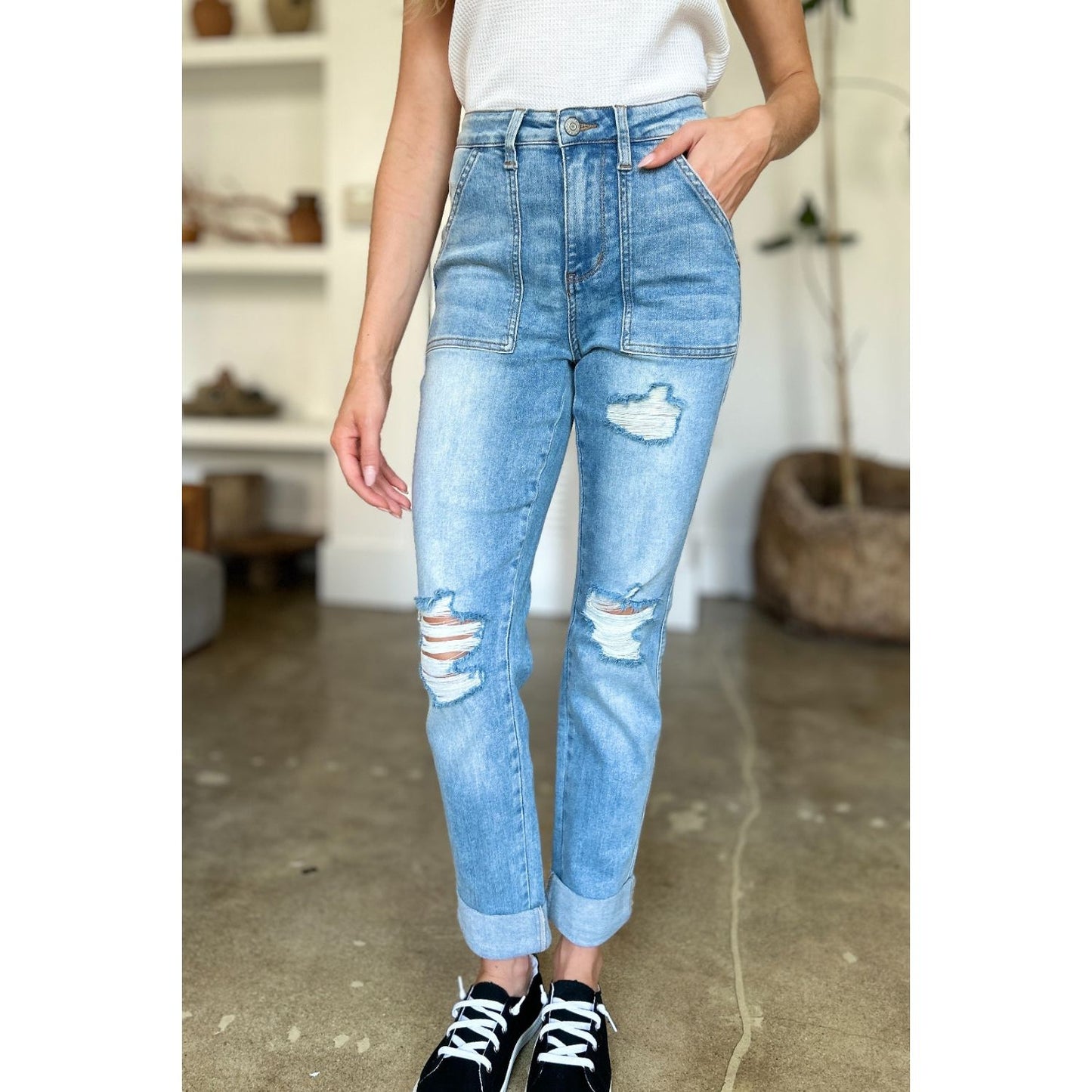 Judy Blue Full Size Distressed Straight Jeans with Patch Pockets