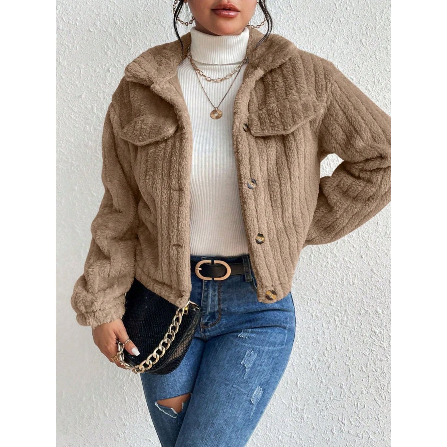 Fuzzy Button Up Collared Neck Jacket