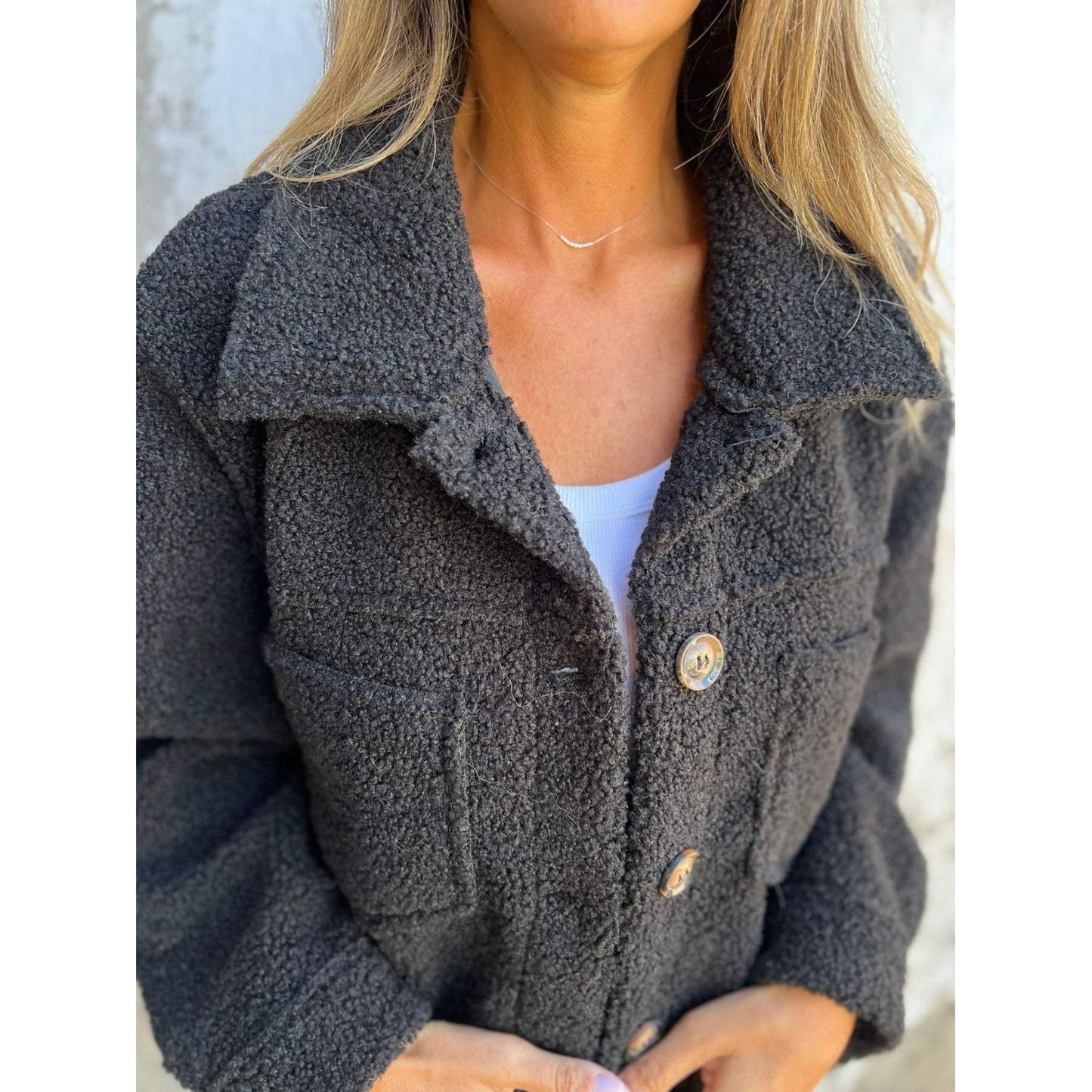 Full Size Fuzzy Button Up Drop Shoulder Jacket