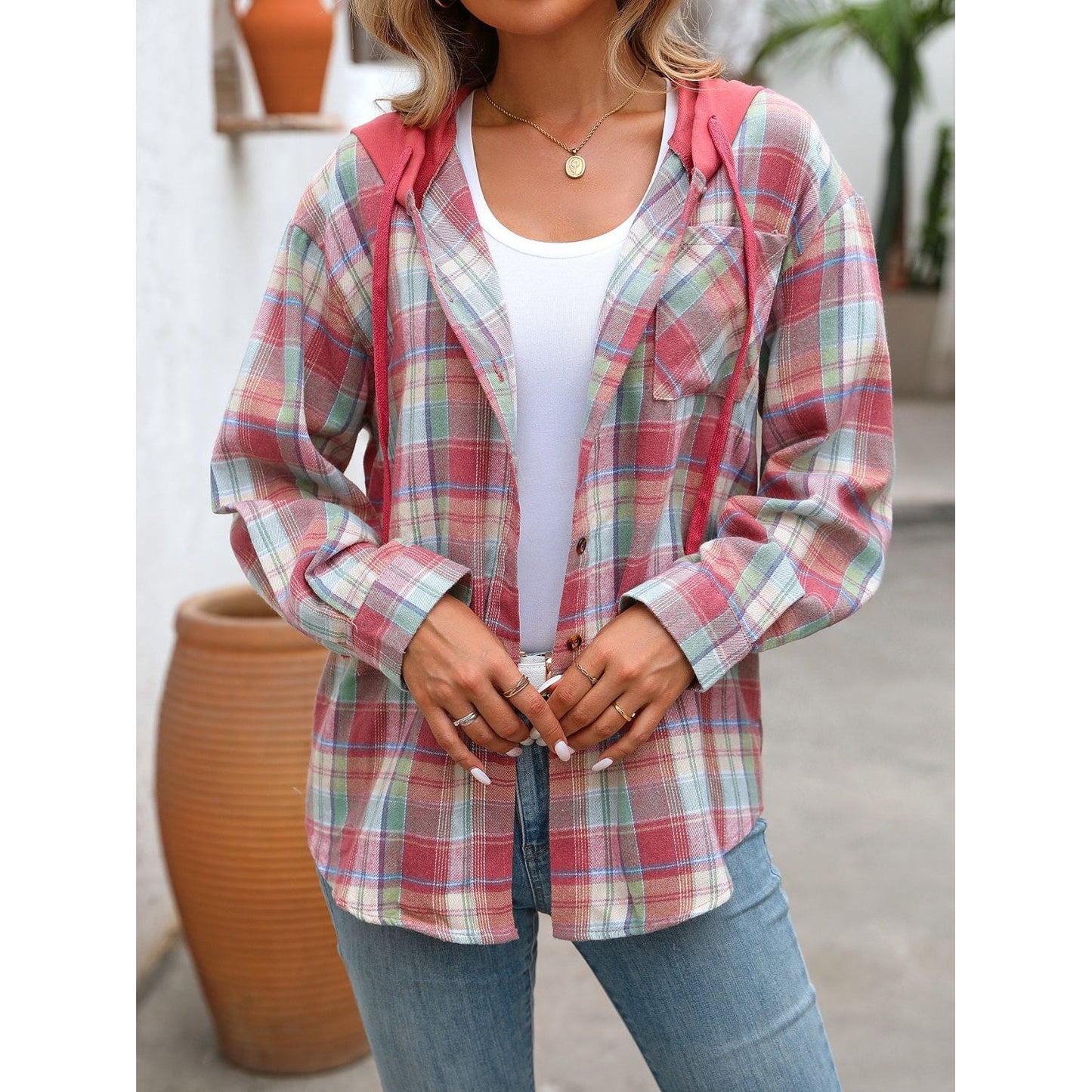 Plaid Long Sleeve Hooded Jacket