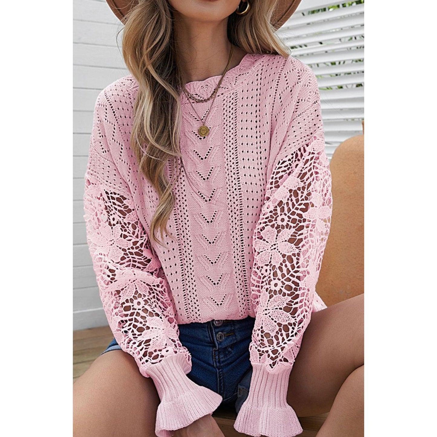Openwork Round Neck Long Sleeve Sweater