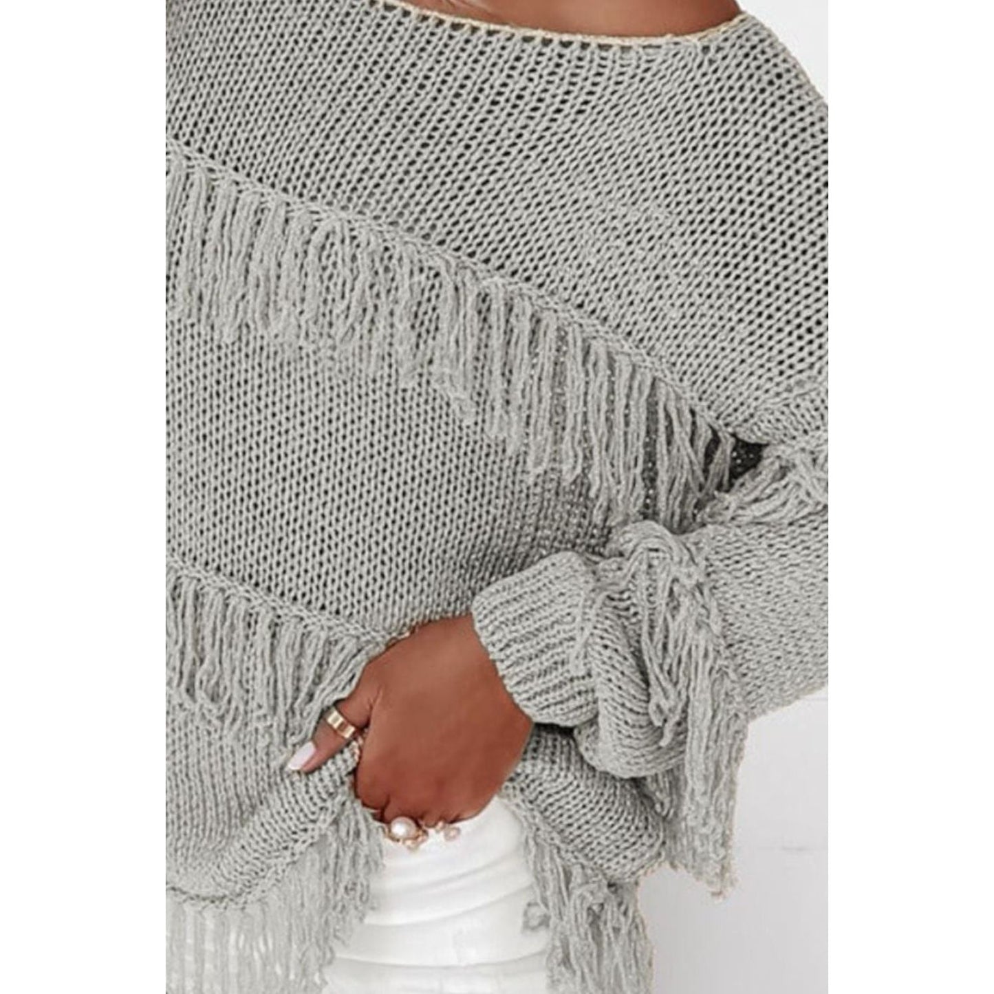 Fringe Boat Neck Long Sleeve Sweater