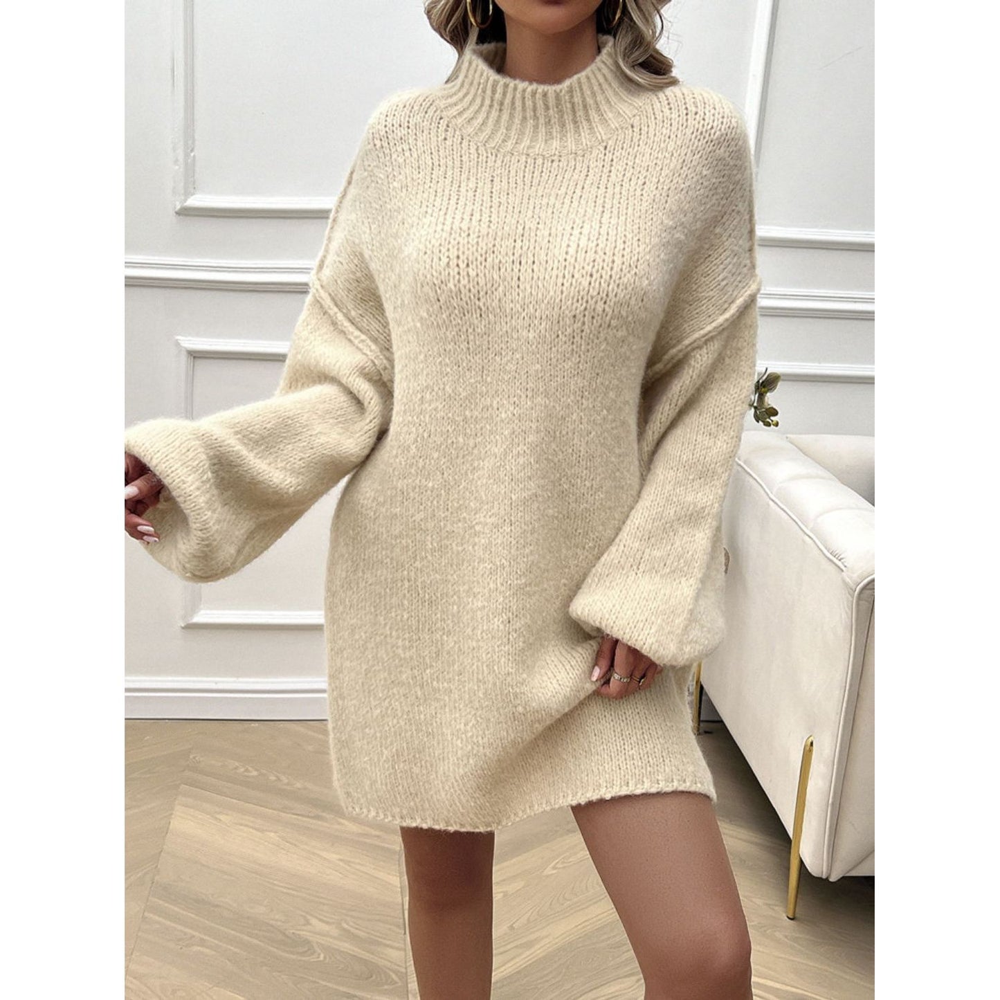 Devine Mock Neck Long Sleeve Mini Sweater Dress