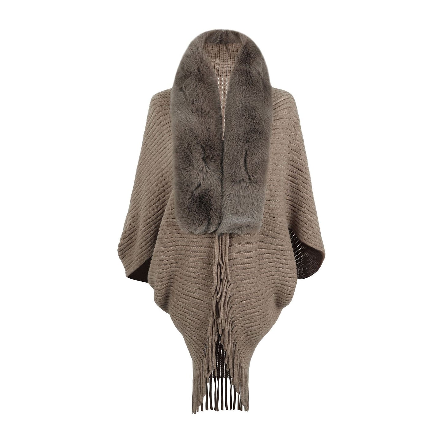 Fringe Detail Long Sleeve Ribbed Poncho