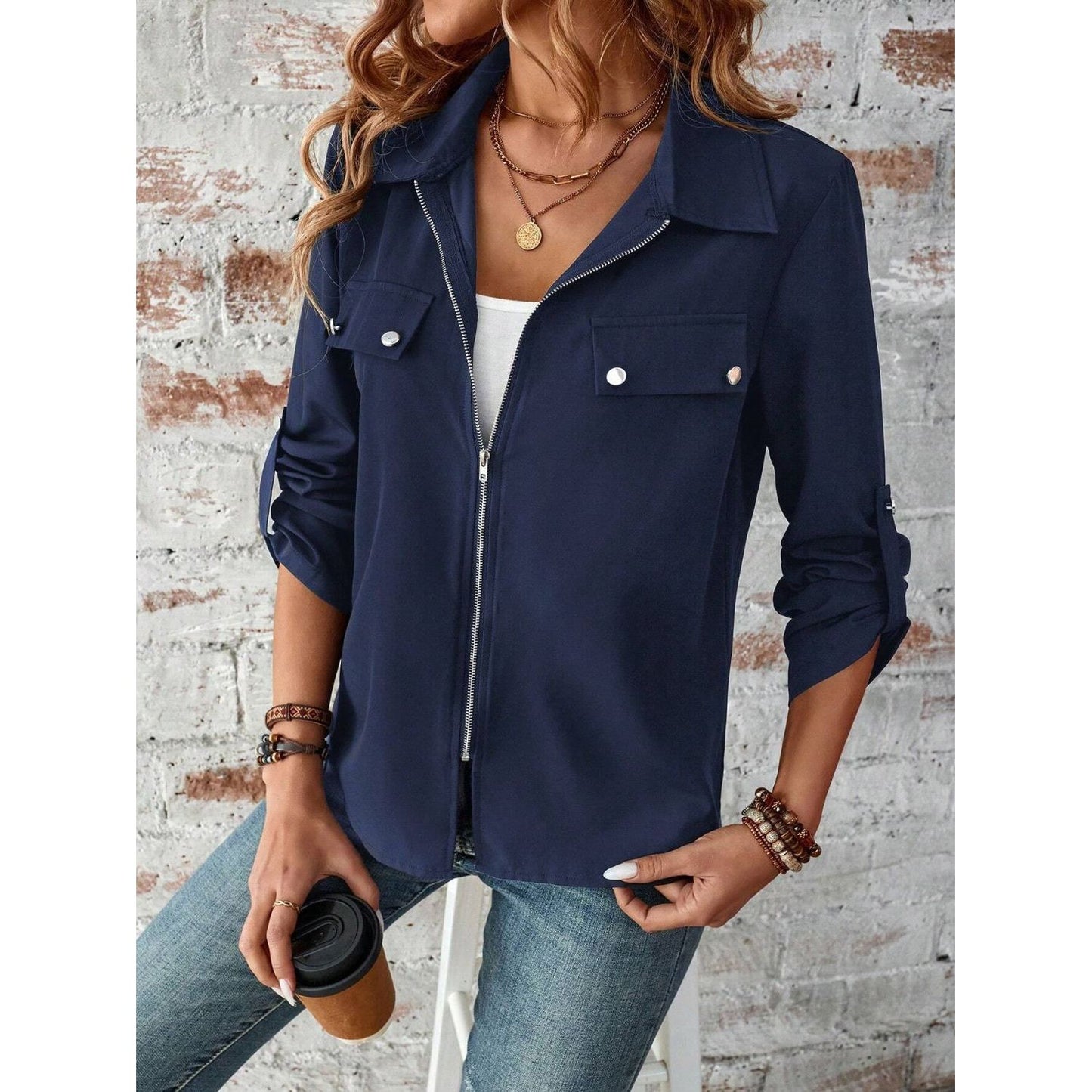 Zip Up Collared Neck Roll-Tab Sleeve Jacket