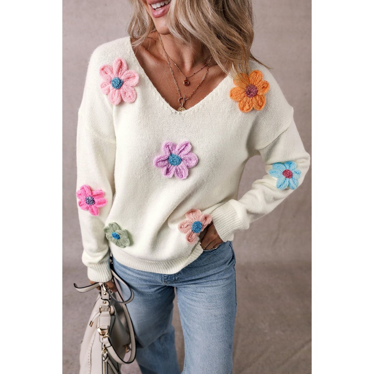 Crochet Flower V-Neck Long Sleeve Sweater