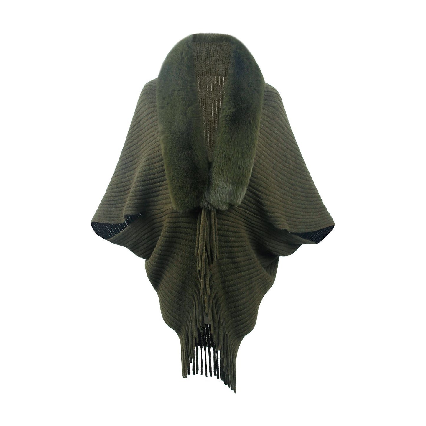 Fringe Detail Long Sleeve Ribbed Poncho