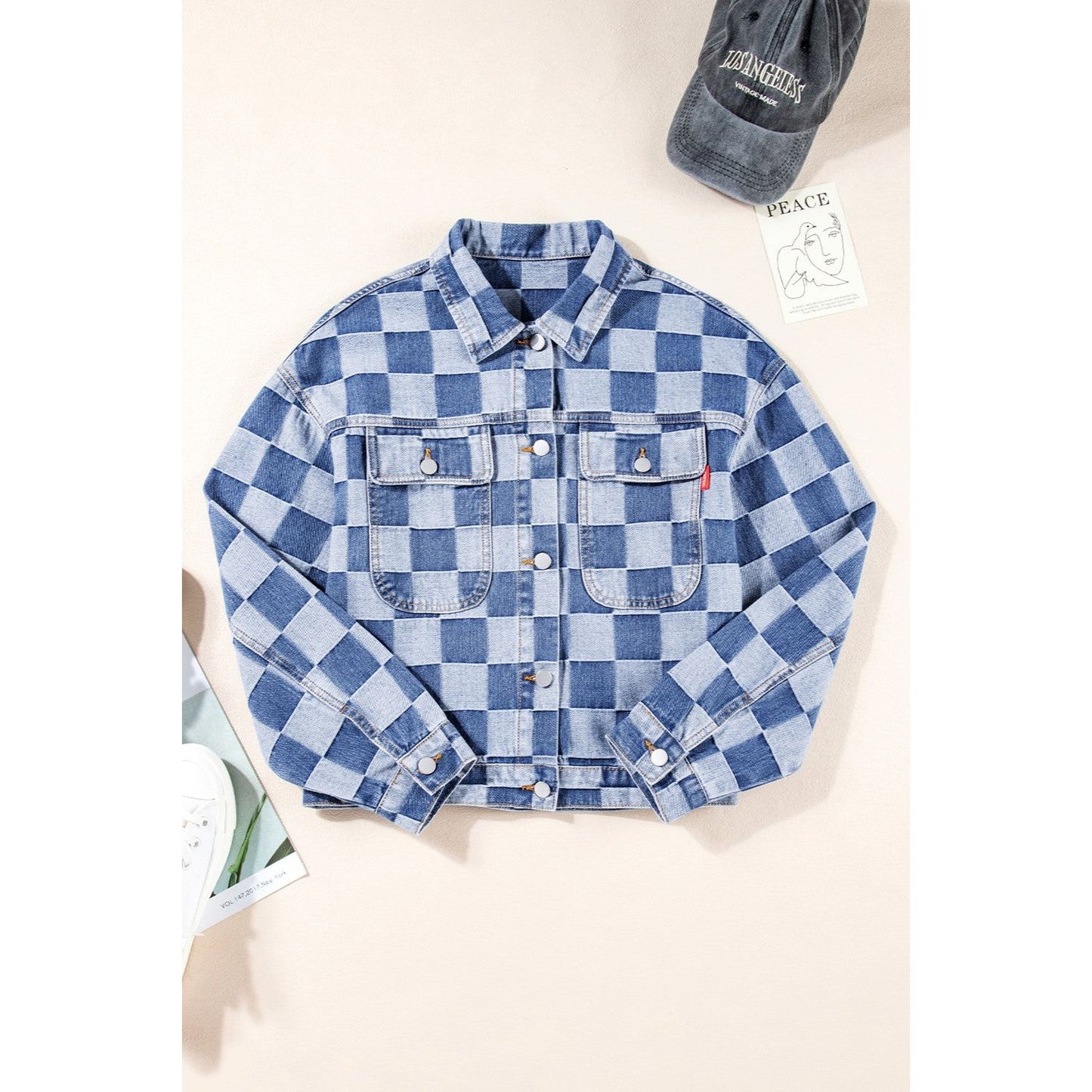 Checkered Button Up Long Sleeve Denim Jacket