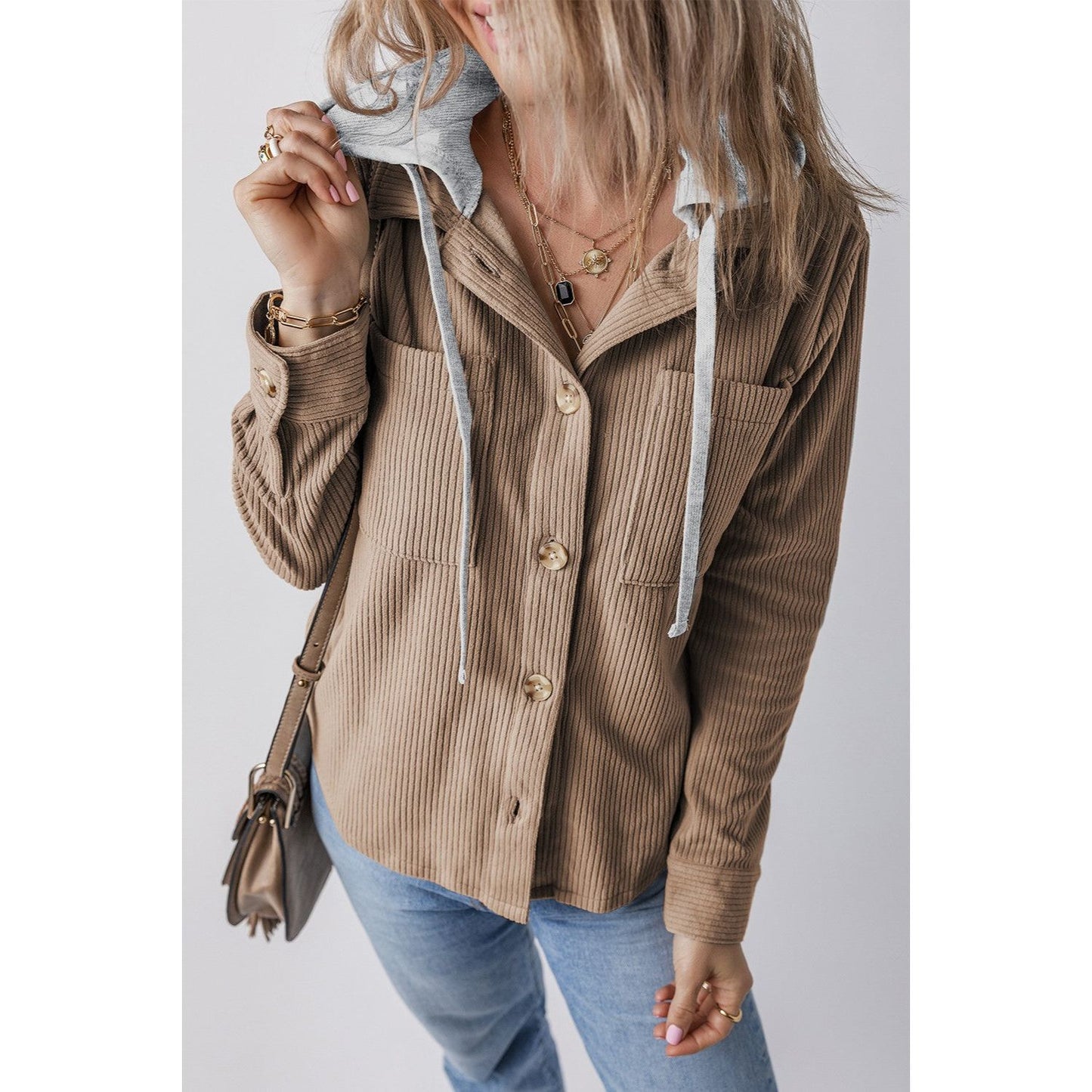 Drawstring Button Up Long Sleeve Hooded Jacket