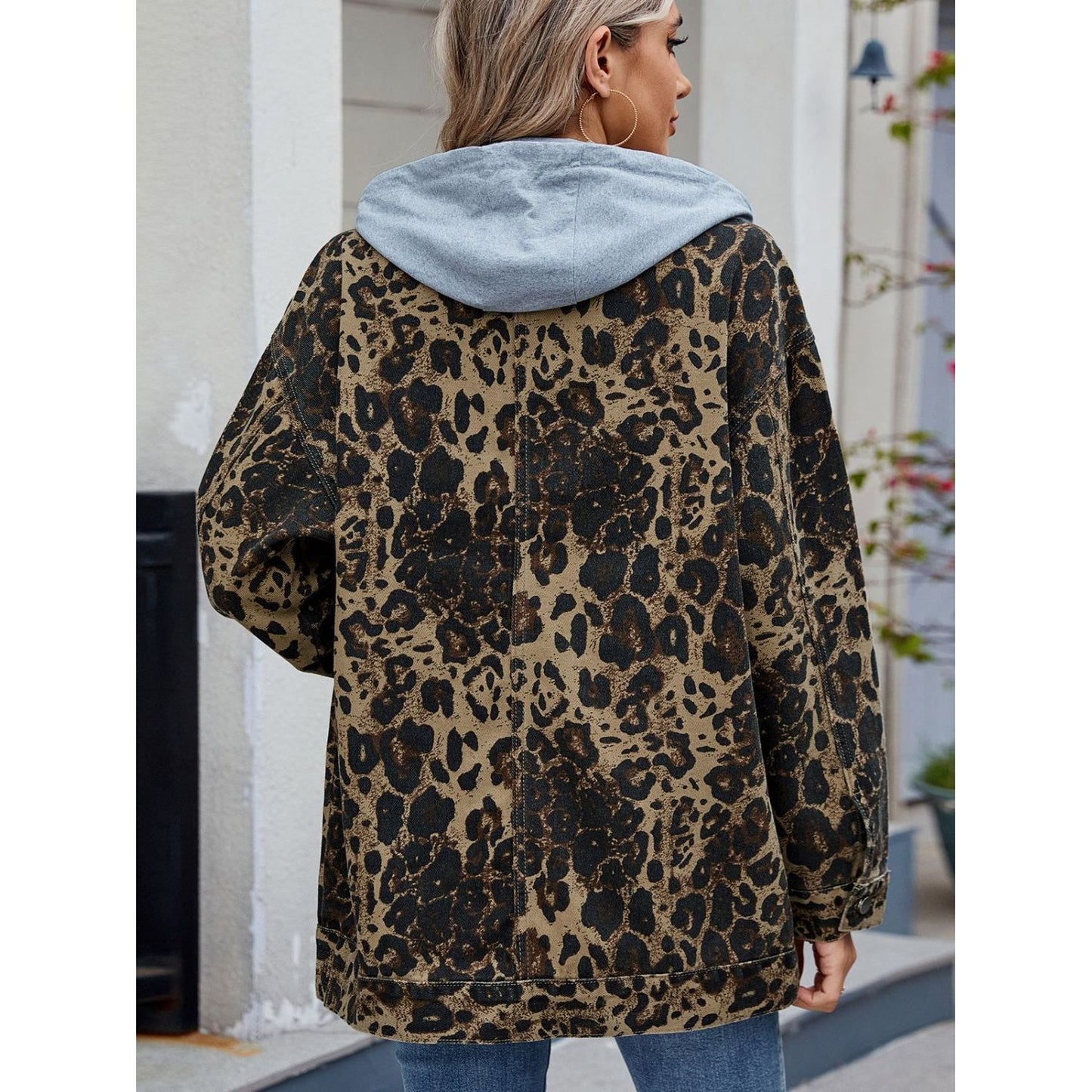 Leopard Button Up Drop Shoulder Denim Jacket