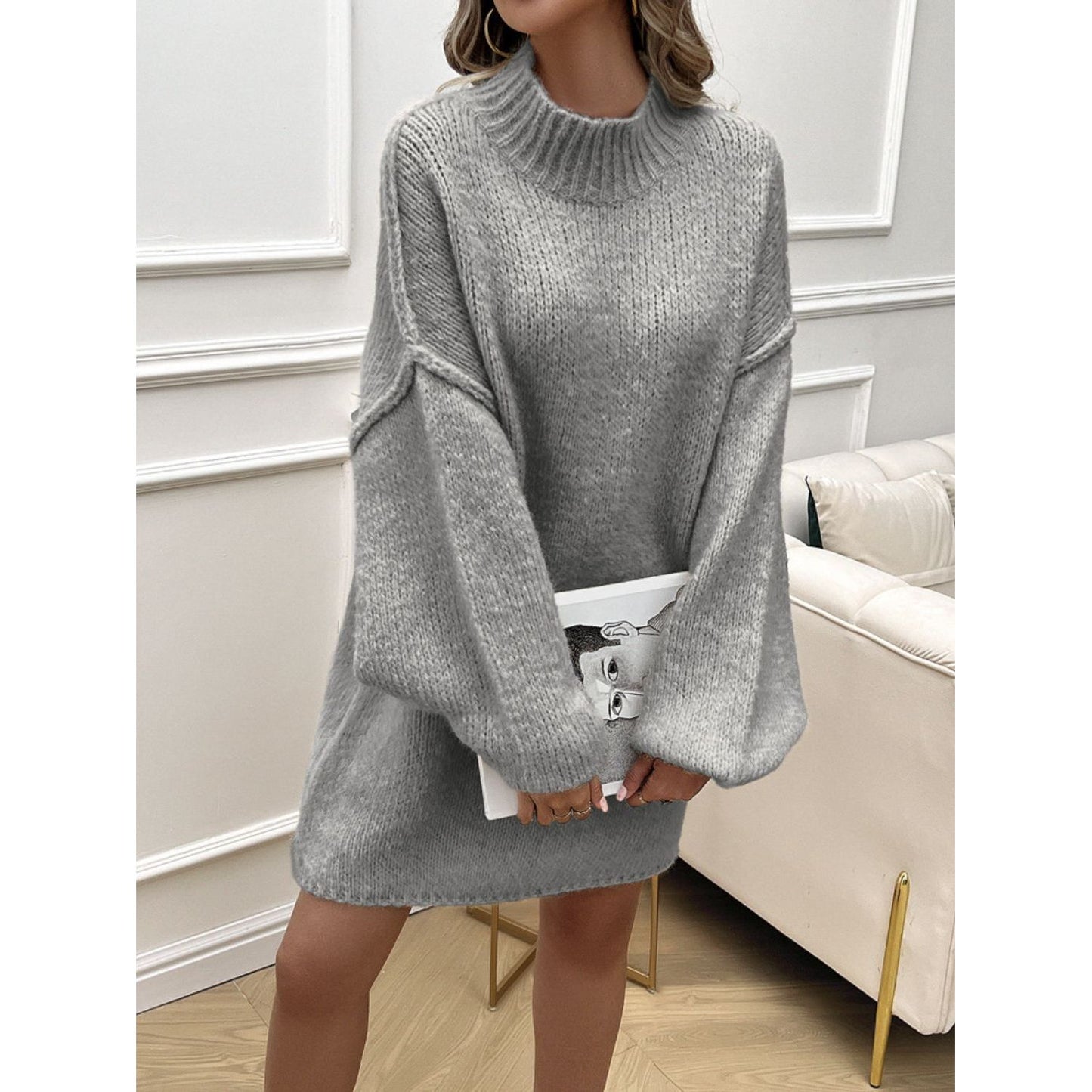 Devine Mock Neck Long Sleeve Mini Sweater Dress