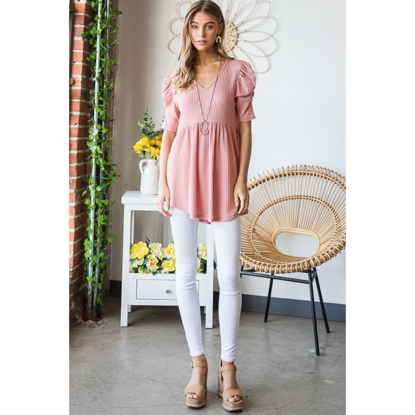 Heimish Full Size Waffle Knit V-Neck Babydoll Top