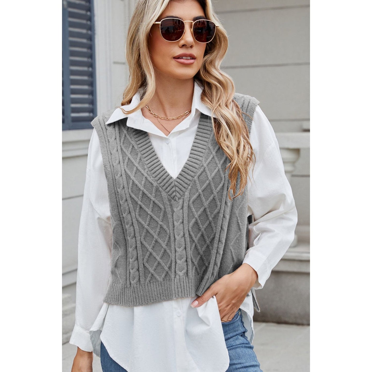 Cable-Knit V-Neck Sweater Vest