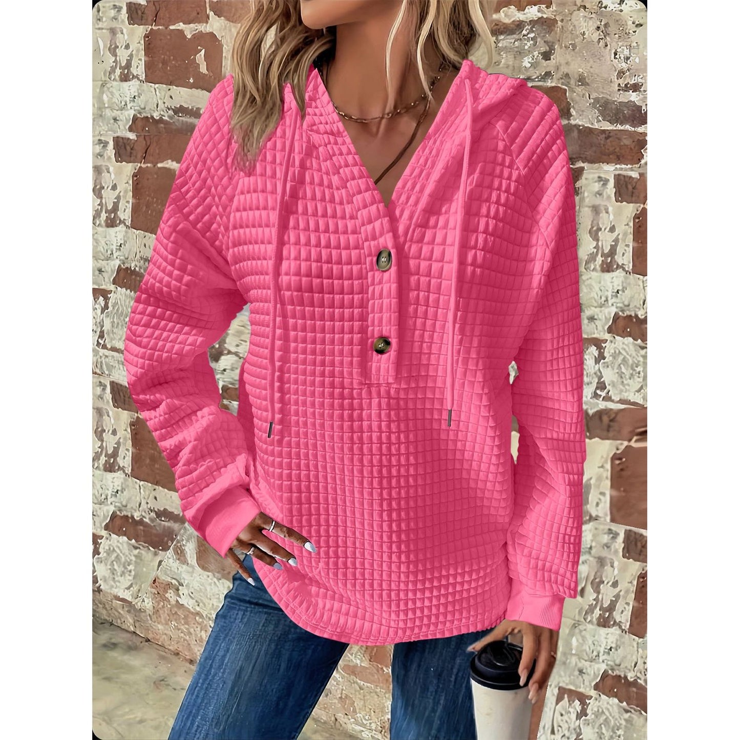 Full Size Texture Button Detail Drawstring Long Sleeve Hoodie