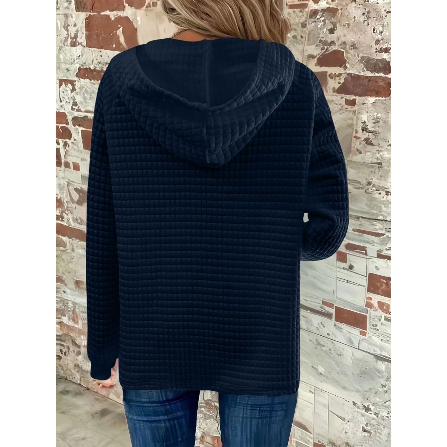Full Size Texture Button Detail Drawstring Long Sleeve Hoodie