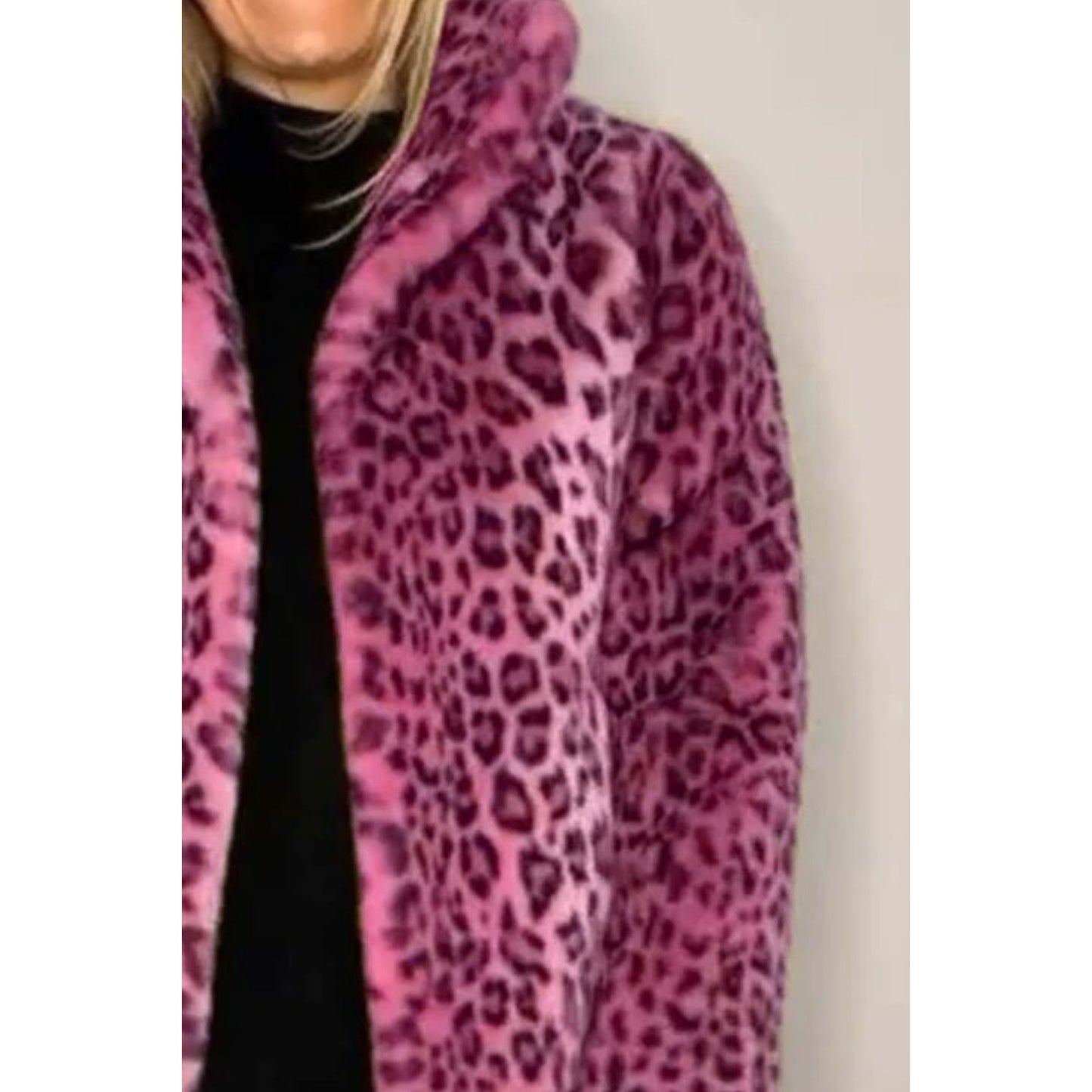 Full Size Leopard Furry Collared Neck Long Sleeve Coat