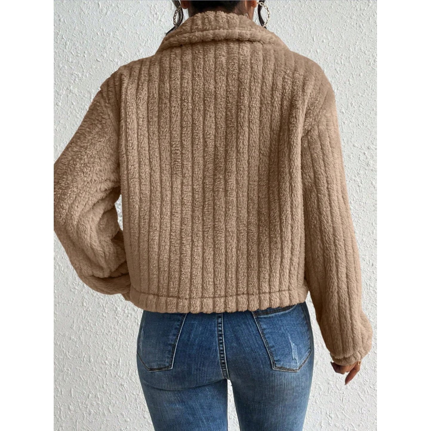 Fuzzy Button Up Collared Neck Jacket