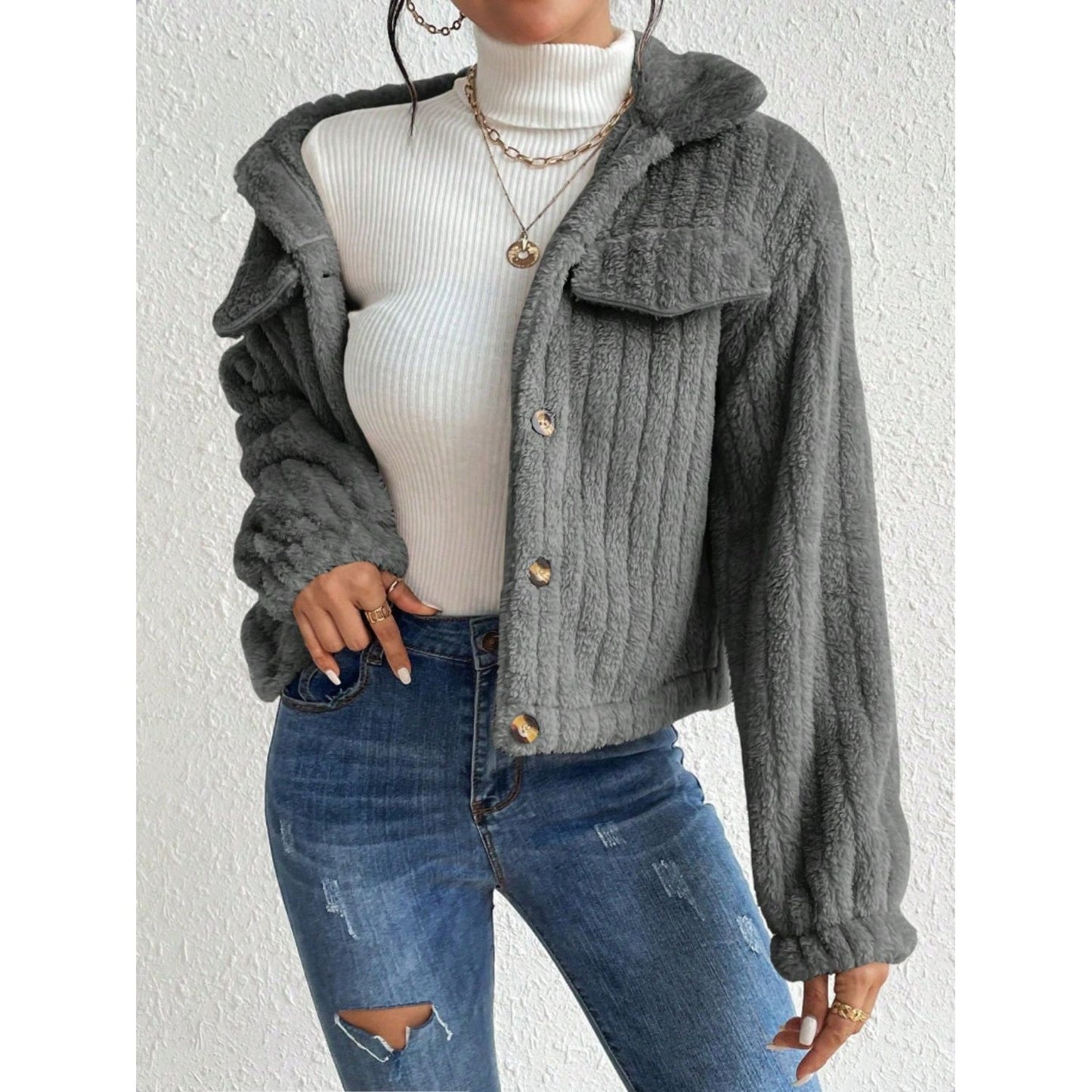 Fuzzy Button Up Collared Neck Jacket