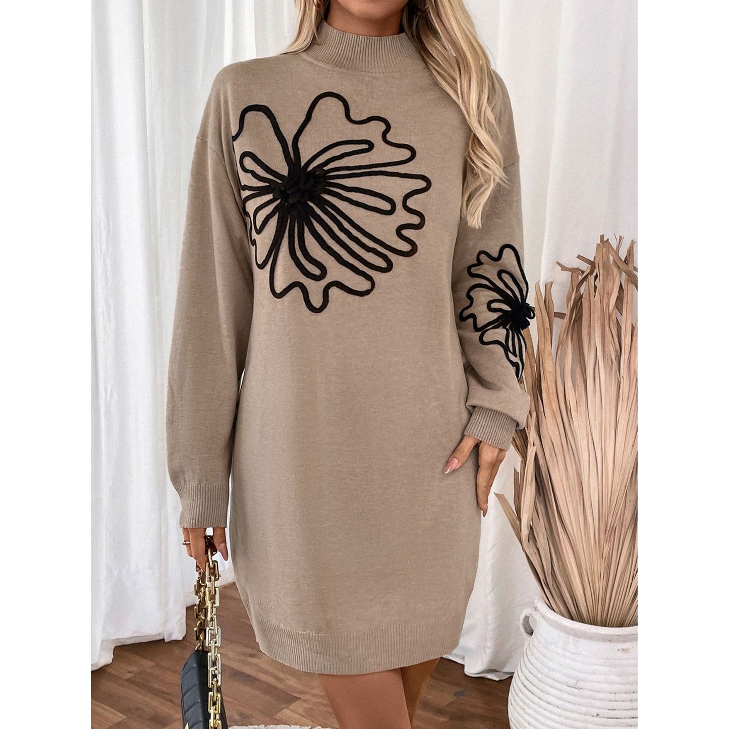 Perfee Flower Mock Neck Long Sleeve Sweater Dress