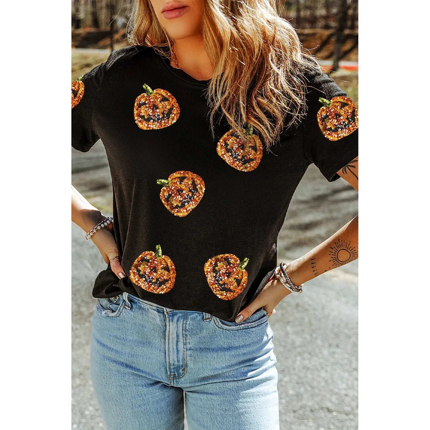 Sequin Pumpkin Round Neck Short Sleeve T-Shirt