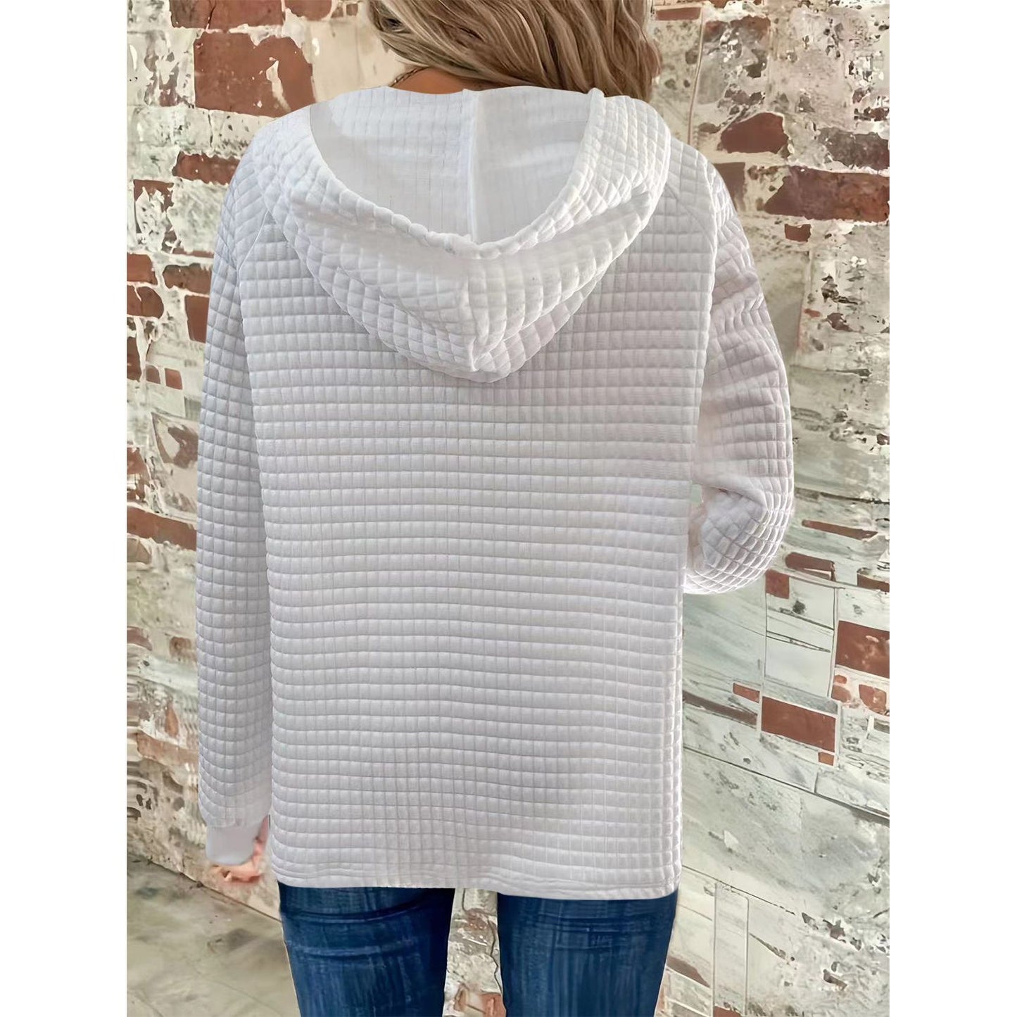 Full Size Texture Button Detail Drawstring Long Sleeve Hoodie