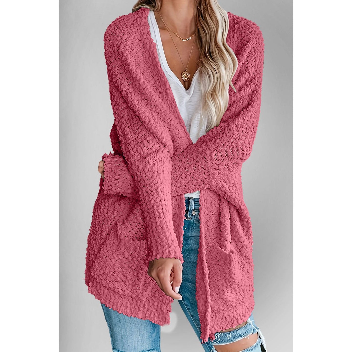 Double Take Pocketed Open Front Long Sleeve Cardigan