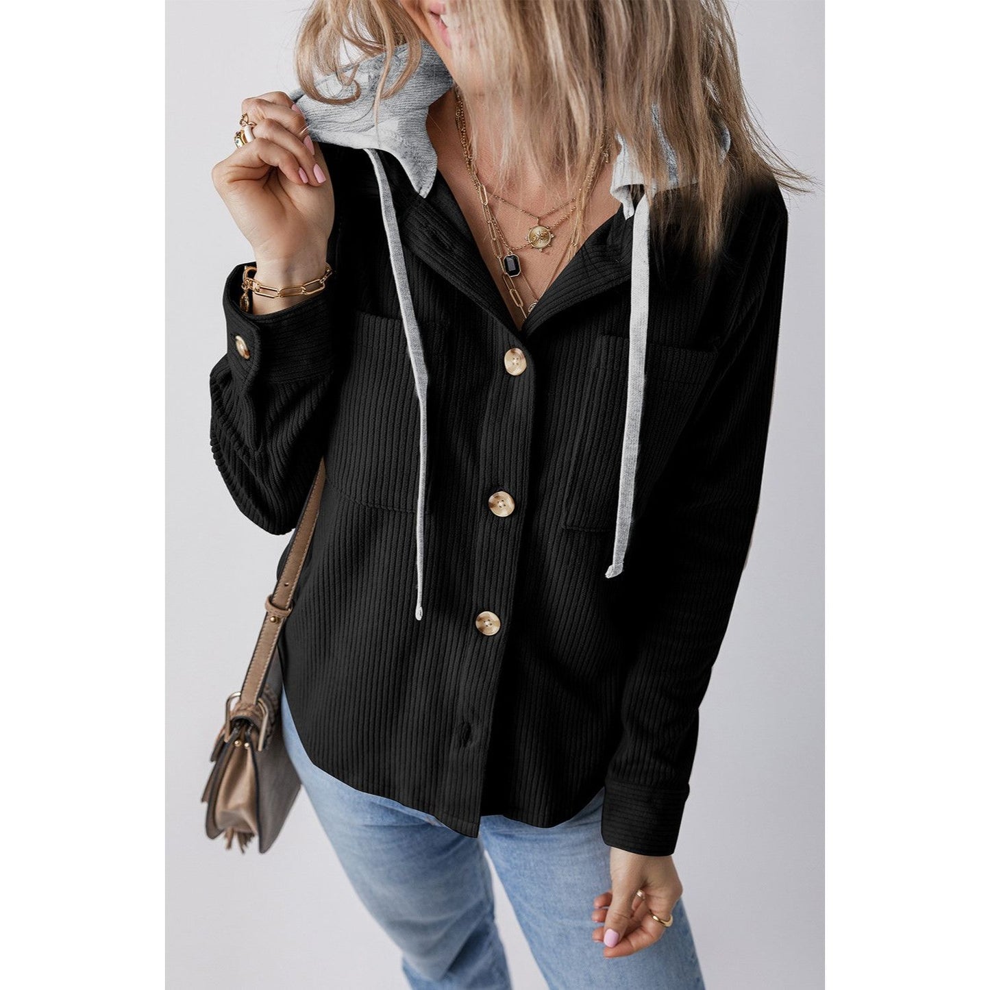 Drawstring Button Up Long Sleeve Hooded Jacket
