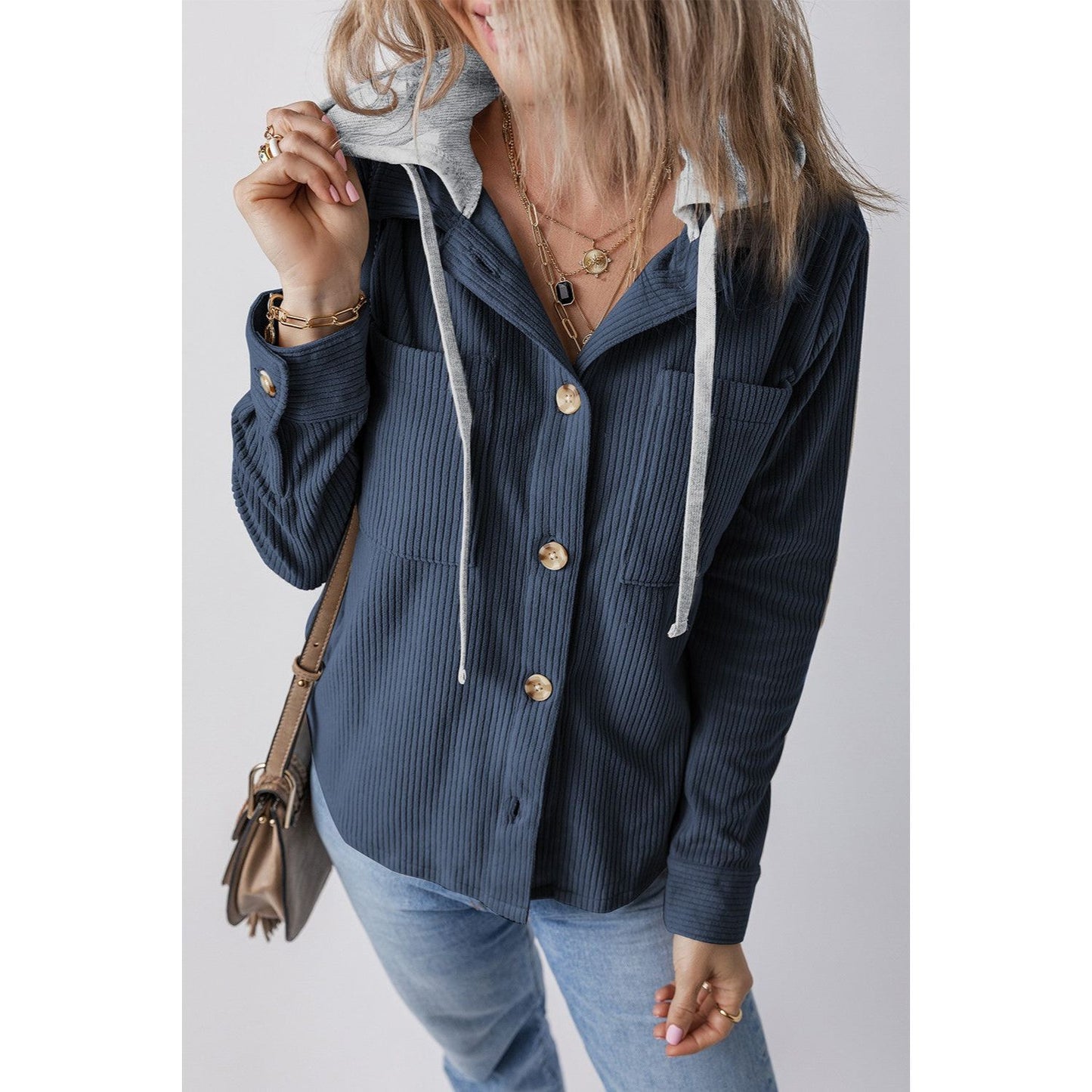 Drawstring Button Up Long Sleeve Hooded Jacket