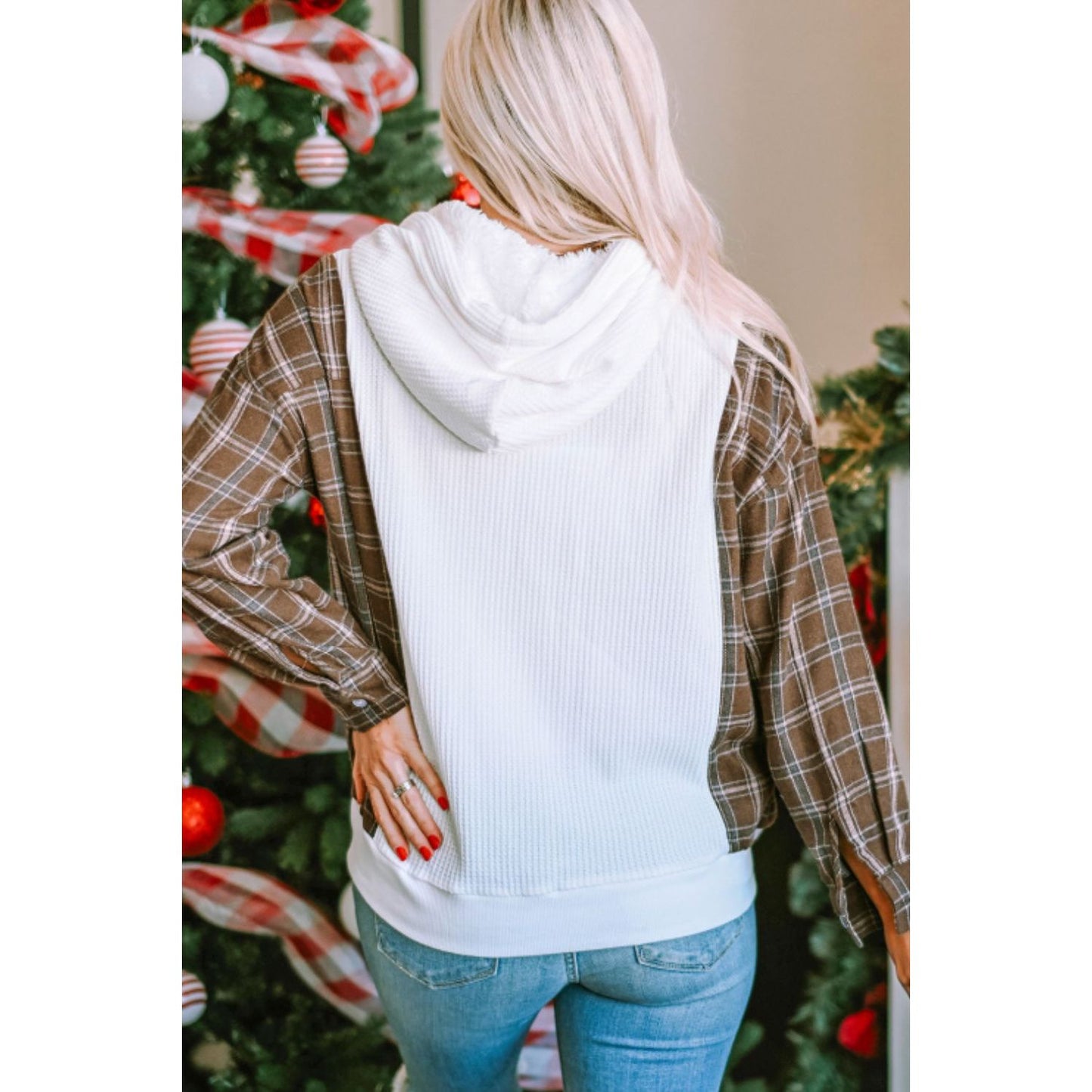 Waffle Knit Plaid Long Sleeve Kangaroo Pocket Hoodie