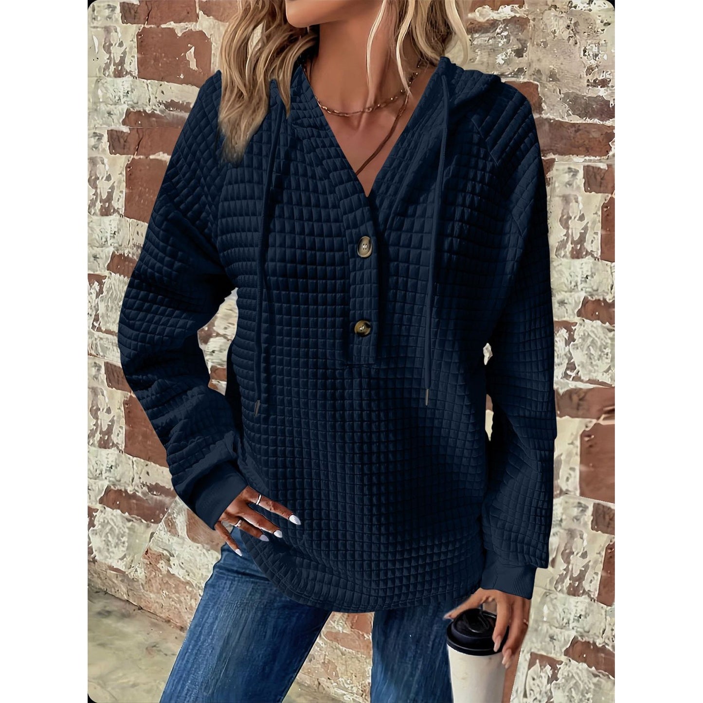 Full Size Texture Button Detail Drawstring Long Sleeve Hoodie