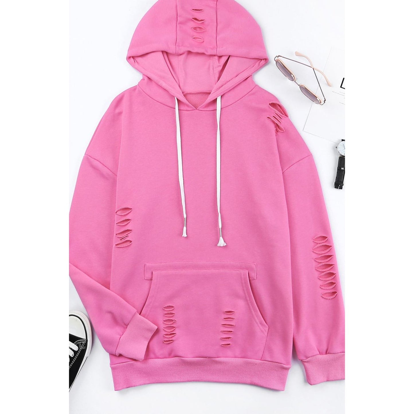 Distressed Drawstring Long Sleeve Hoodie
