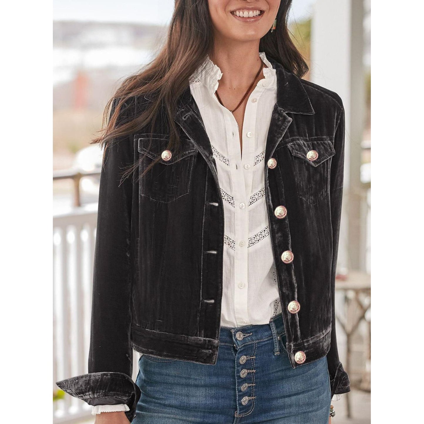 Button Up Long Sleeve Jacket with Chest Pockets