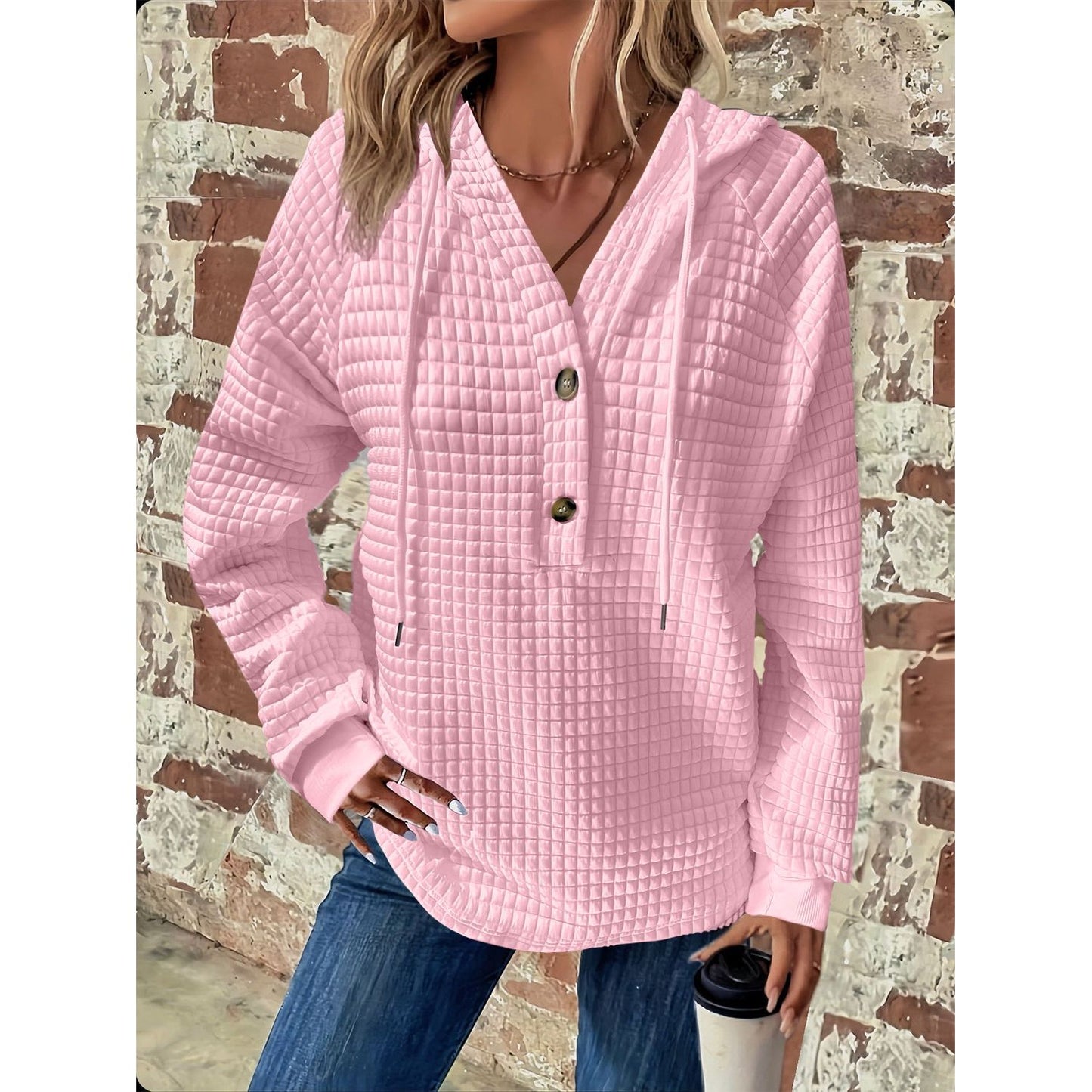 Full Size Texture Button Detail Drawstring Long Sleeve Hoodie